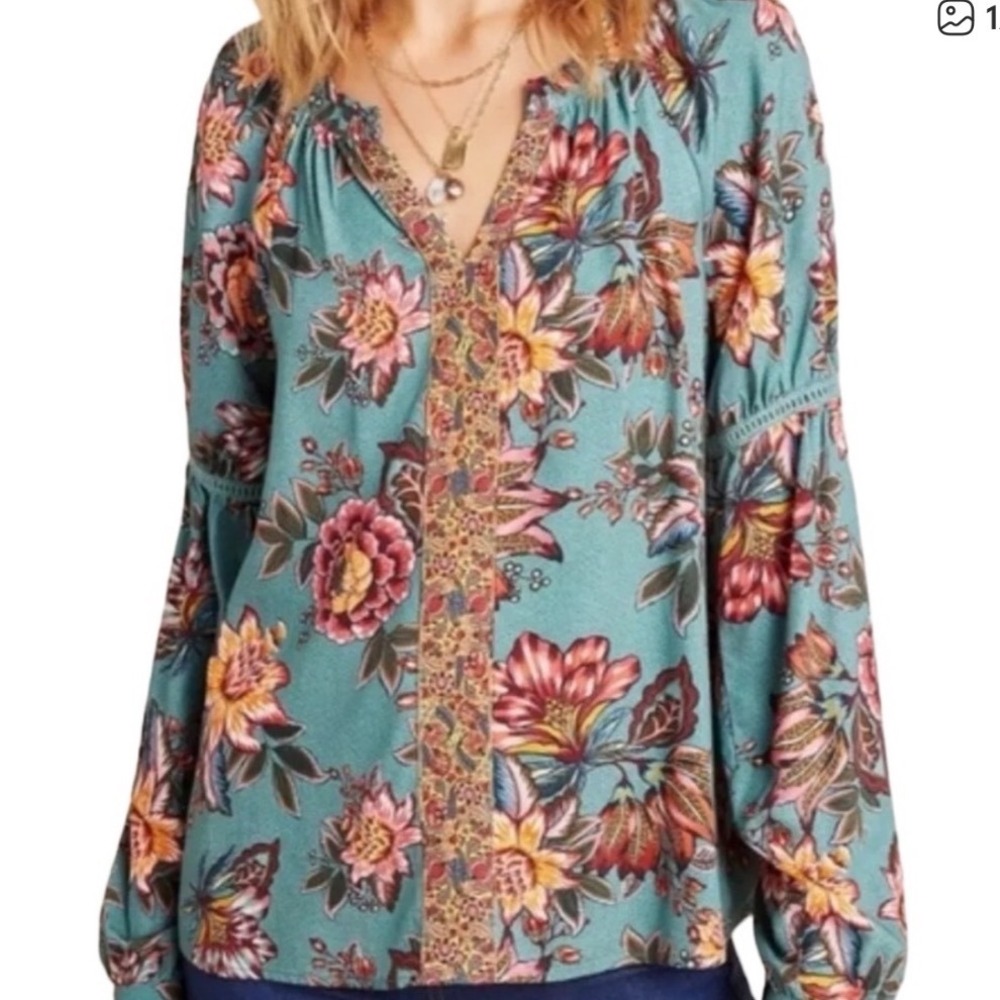 FARM Rio Anthropologie Paola Floral Peasant V Neck Blouse Top XS Boho Chic - Picture 1 of 12